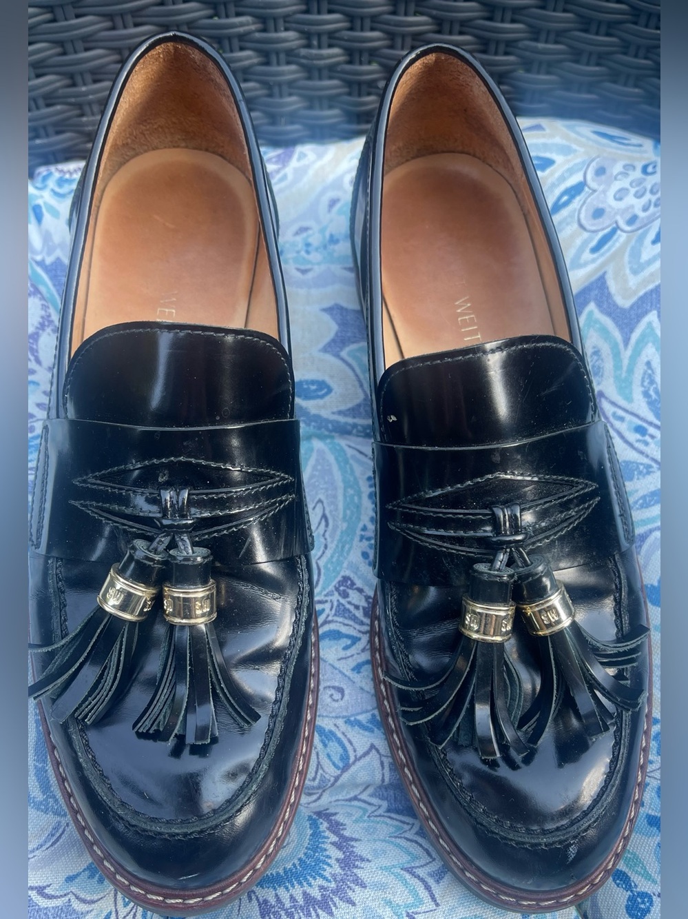 Stuart Weitzman Black Patent Tassel Loafers Jet Mirror Chunky Size 8 Shoes Women